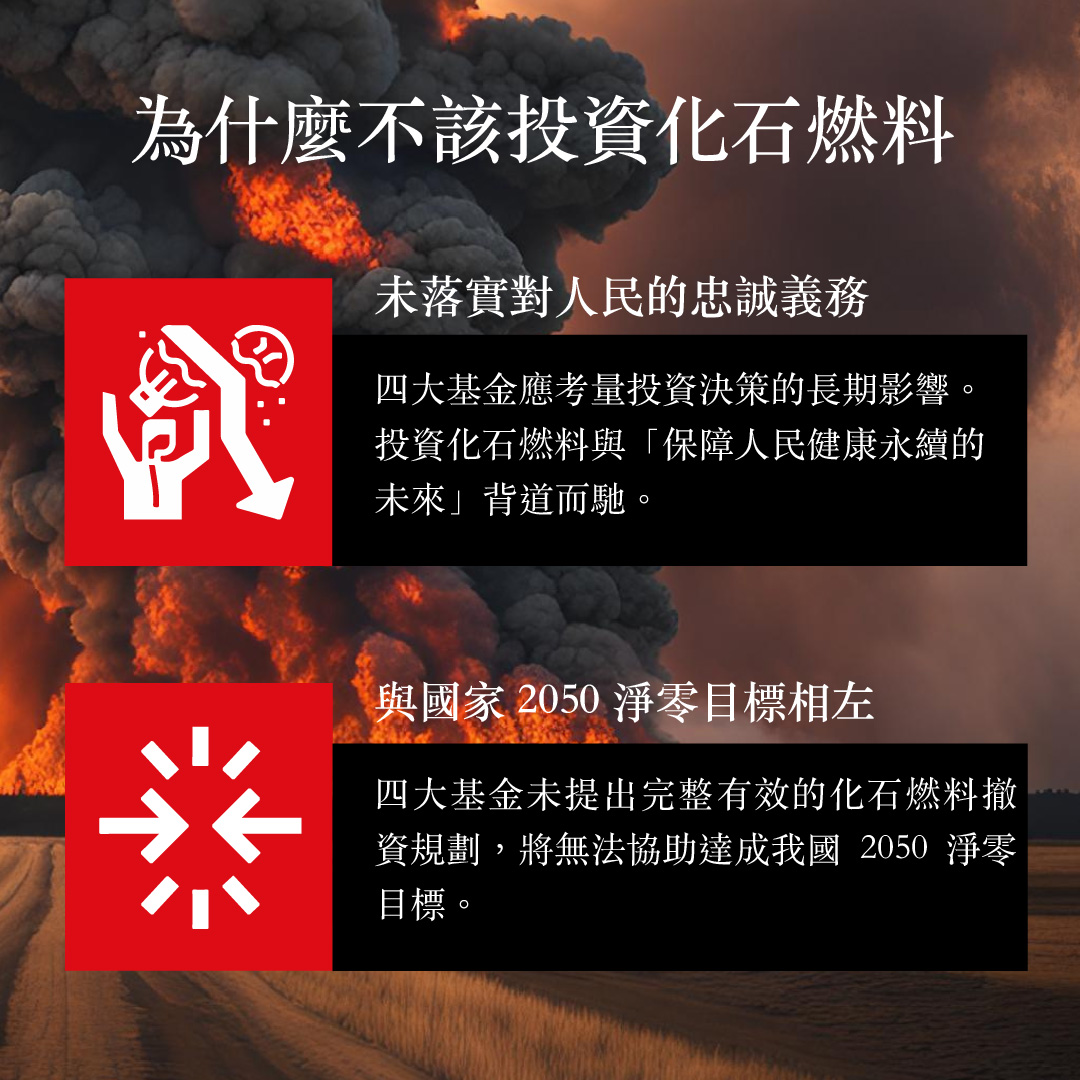 為什麼不該投資化石燃料？未落實對人民的忠誠義務：四大基金應考量投資決策的長期影響。投資化石燃料與「保障人民健康永續的未來」背道而馳；與國家2050淨零目標相左：四大基金未提出完整有效的化石燃料撤資規劃，將無法協助達成我國2050淨零目標